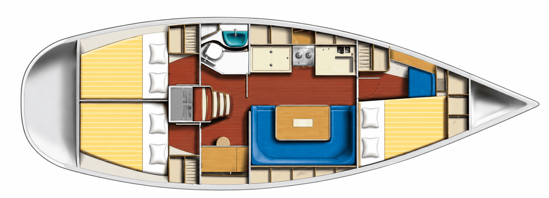 Plano interior del Harmony 38 de tres camarotes, con popa a la izquierda y proa a la derecha